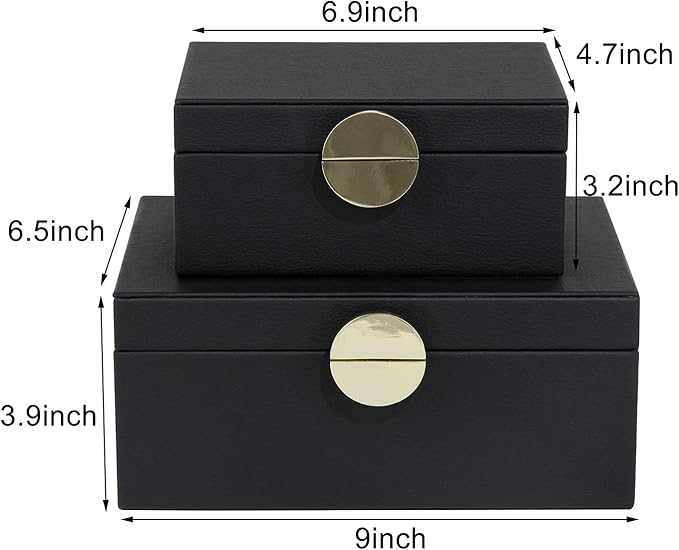 HofferRuffer Faux Leather Jewelry Boxes, Decorative Boxes Storage Accessory Organizer with Gold Hardware Decor, Classic Vegan Leather Set of 2 Pieces (Black)