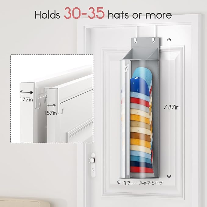 Hat Rack for Door and Closet – Large Capacity Hanging Hat Rack Organizer Holds 30-35 Caps, Over the Door Hat Storage Organizer for Bedroom, Entrance or Dorm, 1 Pack, Grey