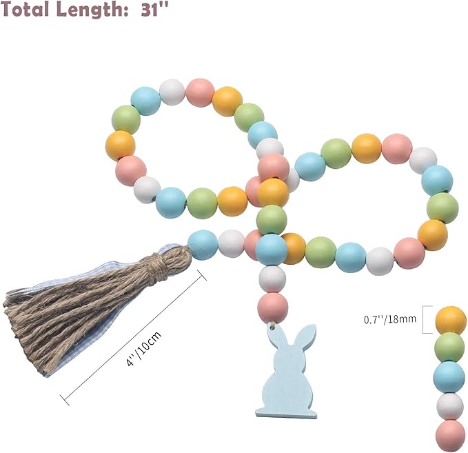 Easter Spring Wood Beaded Garland with Tassels and Bunny Tag Farmhouse Wooden Beads for Tiered Tray Decorations Holiday Country Rustic Prayer Boho Beads Rae Dunn Shelf Décor (Easter Bunny Blue)