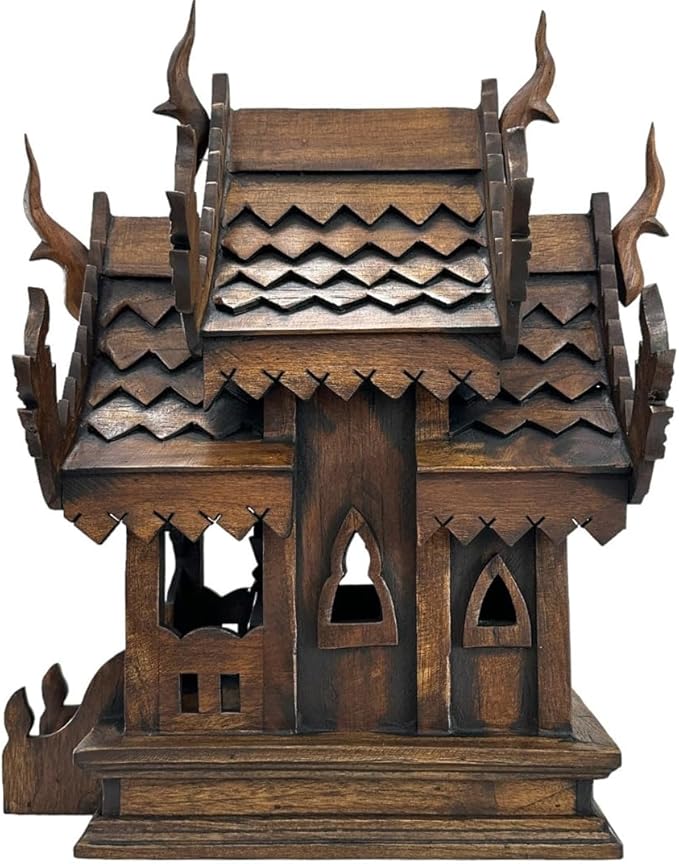 Large Wood Carved Thai Spirit House Model, Asian Inspired Home Decor, 15 Inches Tall