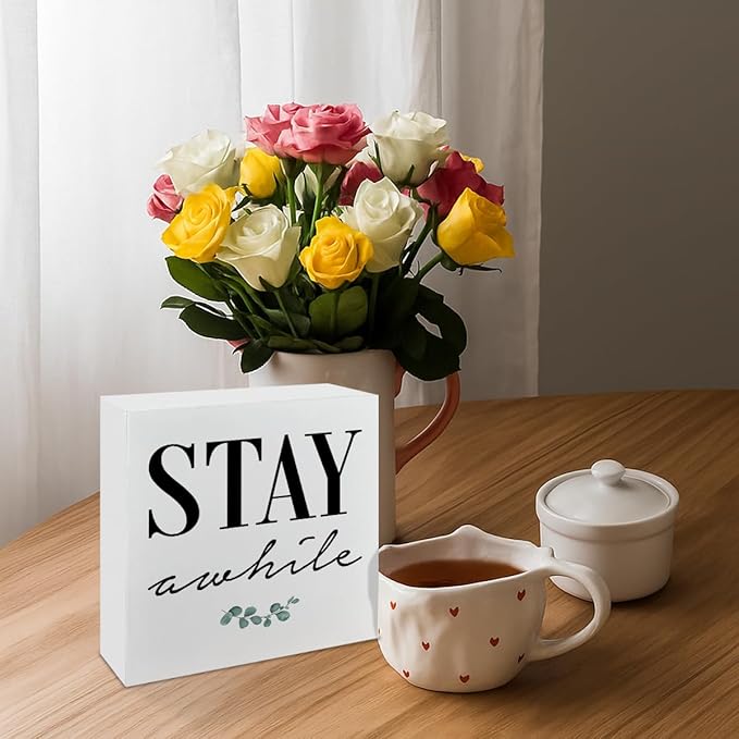Rustic Farmhouse Home Wooden Signs, Stay Awhile Sign, Living Room Decor, Farmhouse Style Quality Print, Home Desk Decoration, Housewarming Gift, Box Sign Decor Tabletop, 5.1x5.1inches