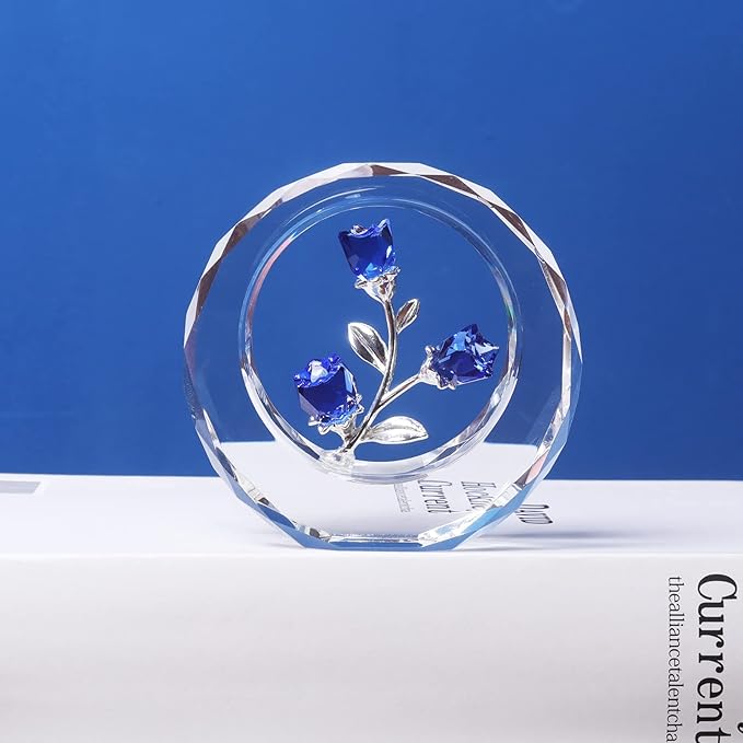 LONGWIN Crystal Tulips Flower Figurines with a Outer Circular Ring, Glass Spring Bouquet Collectible Figurines Home Decor Cobalt Blue