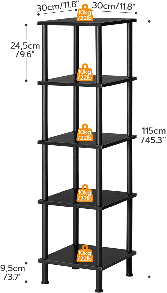 HOOBRO 5-Tier Corner Shelf Stand, Corner Square Rack Display Shelf, Tall Storage Rack Plant Stand, Corner Bookcase for Small Spaces, Living Room, Home Office, Kitchen, Black BK50CJ01