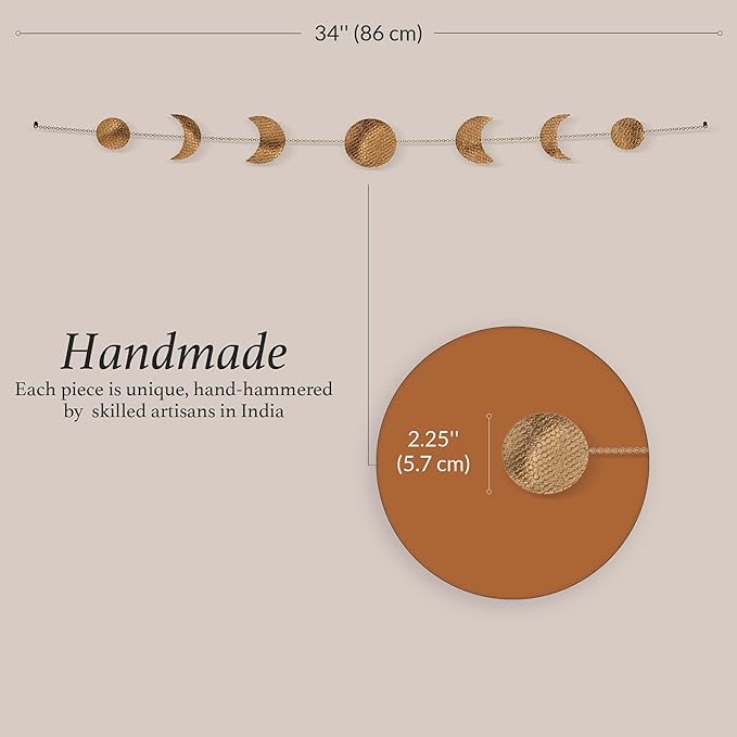 BASE ROOTS Moon Phase Wall Decor, Celestial Décor, Moon Décor & Boho Wall Décor, Gold Wall Art for Bedroom & Living Room, Bohemian Wall Decor, Handmade Hammered Metal 36" 7 Phases Moon Wall Decor, Gift for Women & Kids