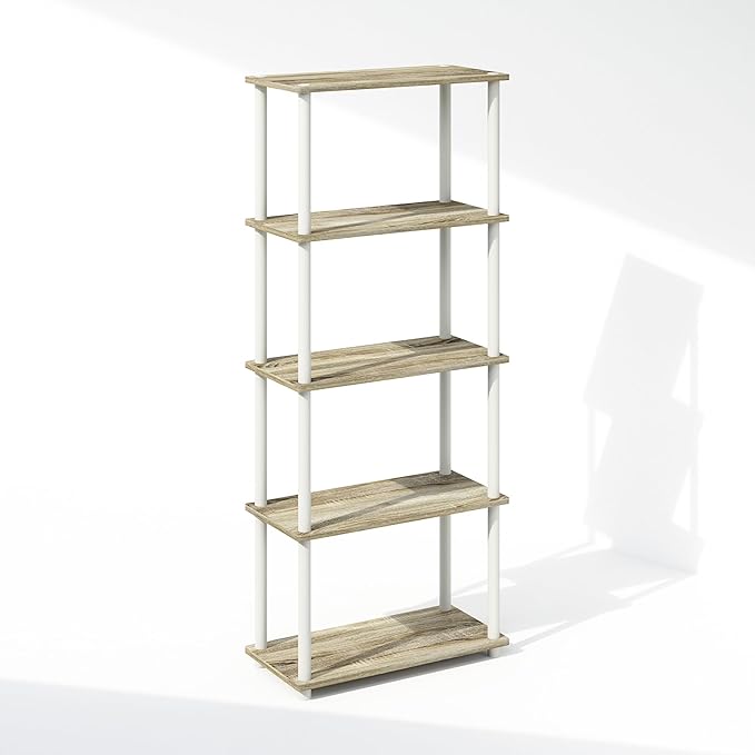 Furinno Turn-N-Tube Book Shelf, 5-Tier Bookshelf, Bookcase with Multipurpose Compact Display Rack, 11.6 x 23.6 x 57.4, for Living Room, Bedroom, Home Office, Sonoma Oak/White