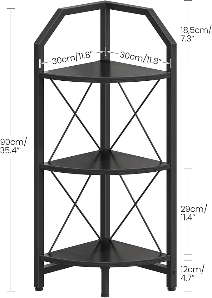 CHOEZON 3-Tier Corner Shelf, Industrial Corner Bookshelf, 35.4" Storage Stand, Plant Stand Display Shelf, Bookcase for Bedroom, Living Room, Home Office, Black TCJ03BB ﻿
