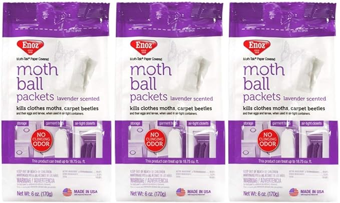 Enoz Lavender Scented Moth Ball Packets: Kills Clothes Moths, Carpet Beetles, Eggs and Larvae (6 oz Bag, 3 Pack)