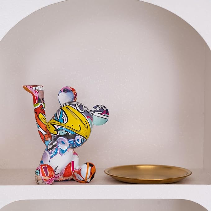 Key Holder Bowl Tray for Office Desk, Decorative Animal Bear Sculpture Home Decor Statue, Storage Tray for Entryway Table (Graffiti)