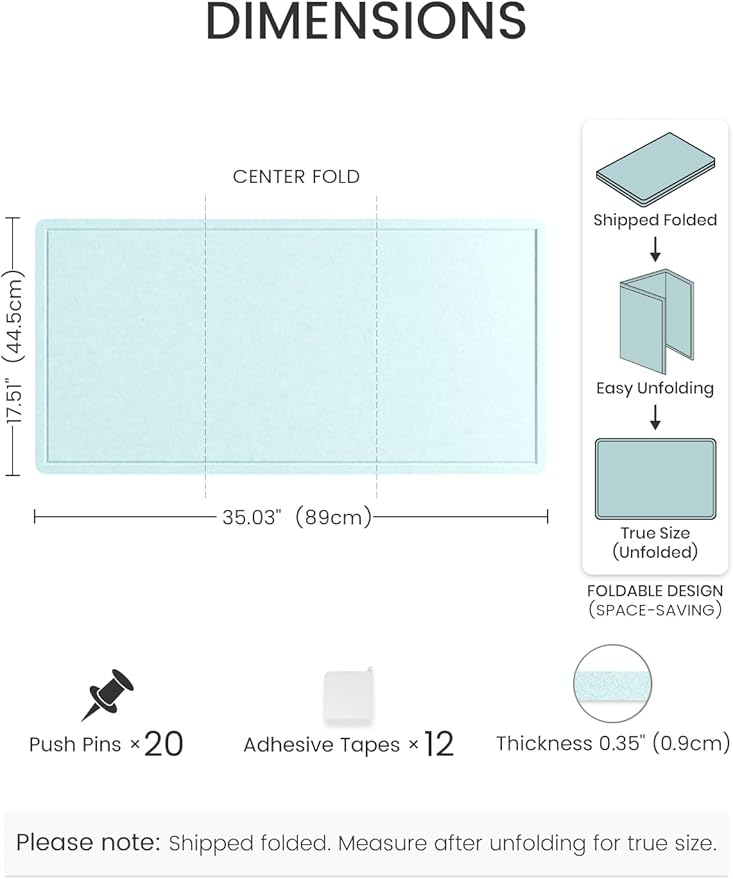 Fluxynara Bulletin Board, 35" x 17.5" Cork Board Alternative with 12 Safe Removable Adhesive Tabs, Foldable Felt Pin Board for Home Office, Classroom, Bedroom,Entryway for Walls—Aqua Blue