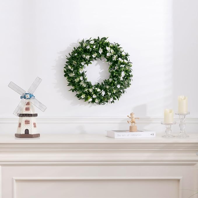 SHACOS Greenery Wreath 15" Artificial Front Door Wreaths Green Wreath with White Flowers for Home Wall Window Farmhouse Decoration 100% Plastic Indoor Outdoor