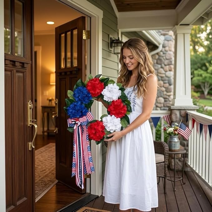 20 Inch Patriotic Front Door Wreath for July 4th Independence Day and Memorial Day, Artificial Red White Blue Hydrangea Wreath with USA Flag-Themed Long Bow