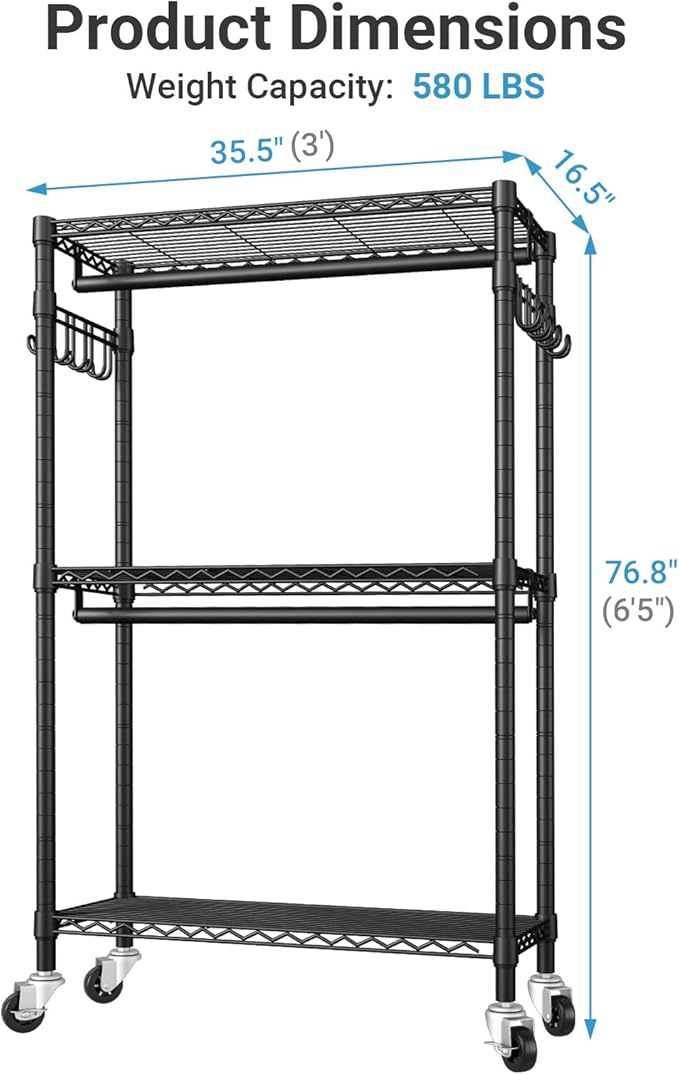 VIPEK R2C Heavy Duty Rolling Garment Rack with Cover, Portable Closets with Double Rods & Lockable Wheels, Covered Clothing Rack for Hanging Clothes, Black Rack with Black Upgraded Polyester Cover