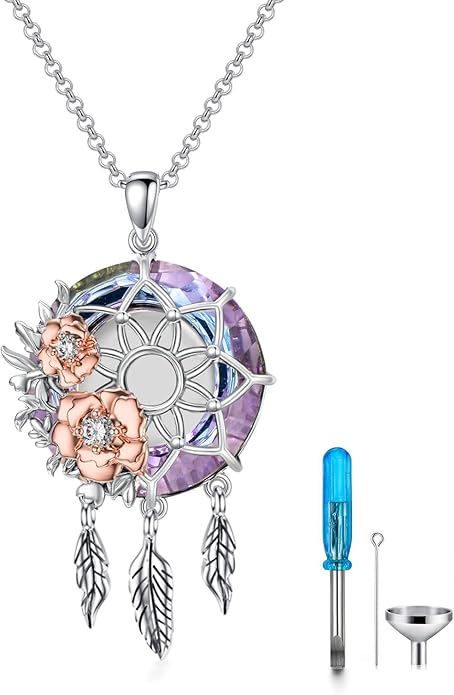 Dream Catcher Crystal Pendant Flower Urn Necklace Jewelry 925 Sterling Silver Keepsake Cremation Necklaces for Human Pet Ashes for Women