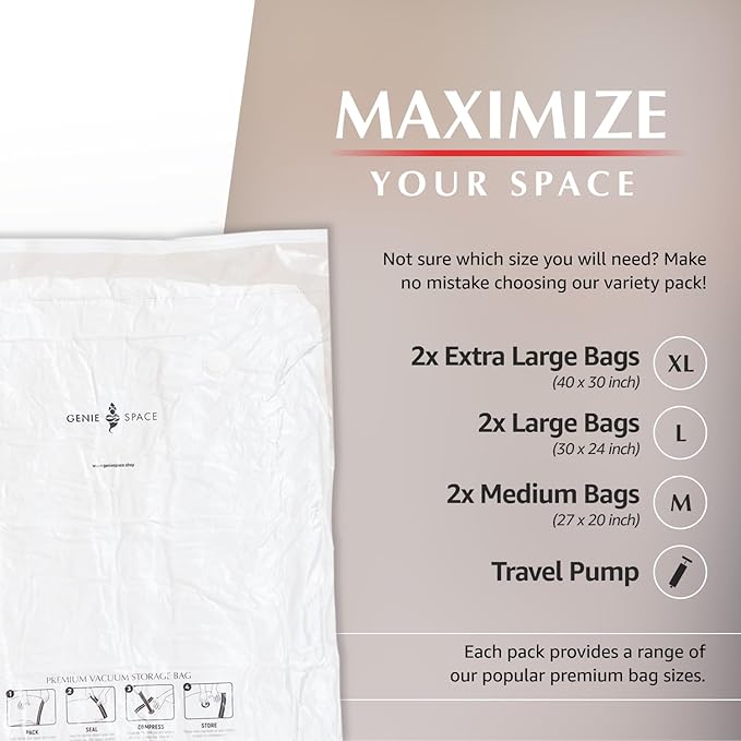 GENIE SPACE Premium Vacuum Storage Bags for Clothes, Bedding and Travel, Variety 6-Pack (2 XL + 2 L + 2 M), Airtight, Odor-Proof and Reusable Space Saver Bags with Double Zipper Seal and Hand Pump