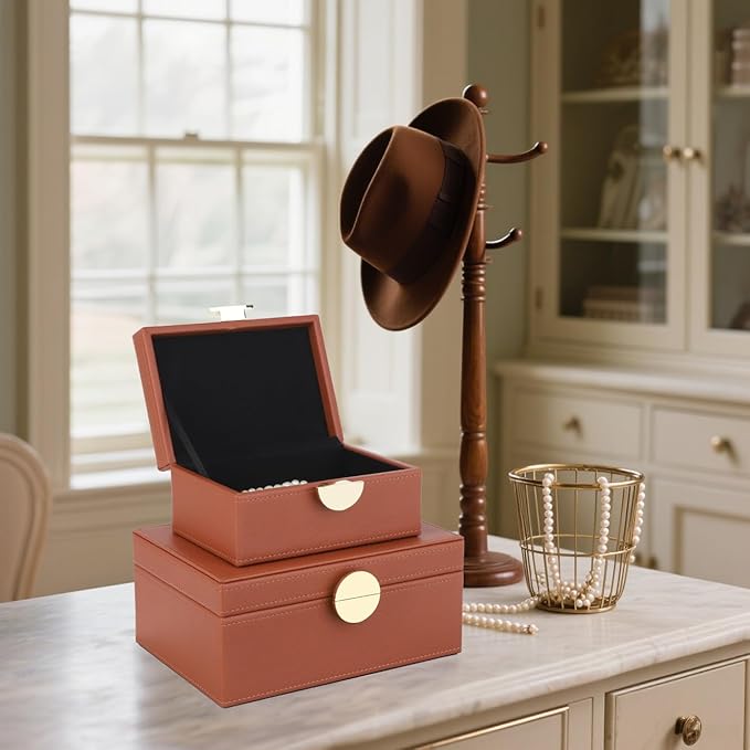 HofferRuffer Faux Leather Jewelry Boxes, Decorative Boxes Storage Accessory Organizer with Gold Hardware Decor, Classic Vegan Leather Set of 2 Pieces (Brown)