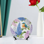 Flower Theme Decorative Ceramic Plate Round Porcelain Plate,10 inch,Bird Watercolor Pattern,for Decorative Ornaments Giving Plates,1 Plate with 1 Display Stand,Blue Purple