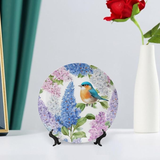 Flower Theme Decorative Ceramic Plate Round Porcelain Plate,10 inch,Bird Watercolor Pattern,for Decorative Ornaments Giving Plates,1 Plate with 1 Display Stand,Blue Purple