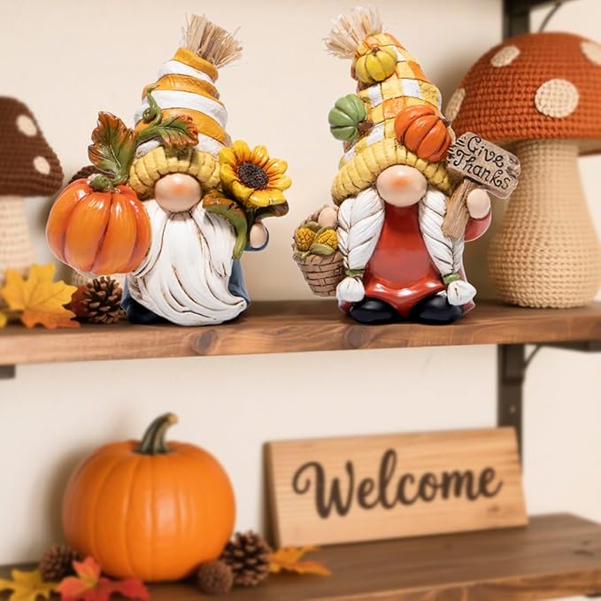 Hodao Fall Gnome Figurines – Pumpkin Gnomes with Checkered Hats, Sunflower, Corn Basket and Give Thanks Sign – Thanksgiving/Harvest Home Decor & Gift for Tiered Tray, Mantel, Tabletop, Windowsill