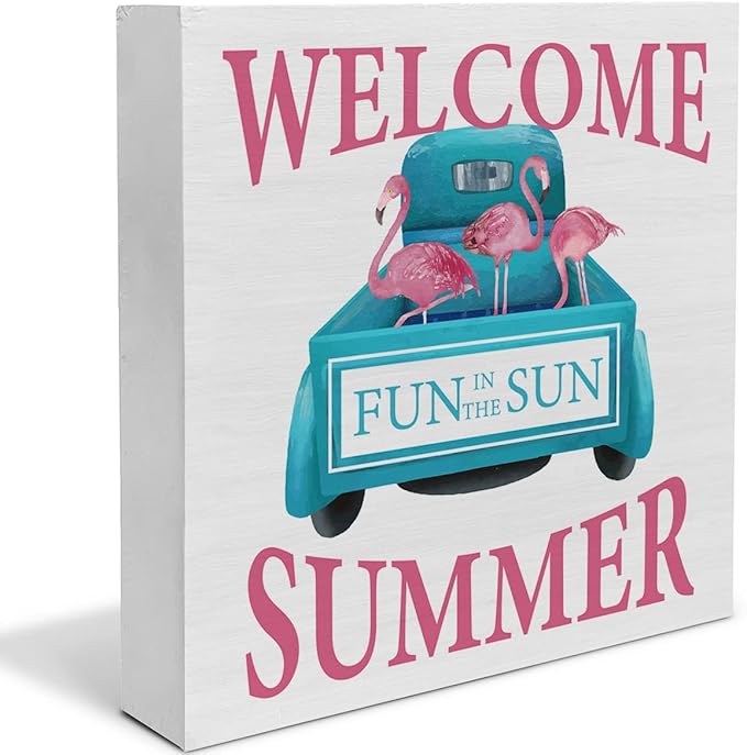 Country Flamingo Truck Wood Box Sign Decor Desk Sign Welcome Summer Quote Flamingo Wooden Box Block Sign Rustic Home Shelf Wall Decoration