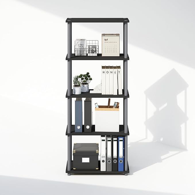 Furinno Turn-N-Tube Book Shelf, 5-Tier Bookshelf, Bookcase with Multipurpose Compact Display Rack, 11.6 x 23.6 x 57.4, for Living Room, Bedroom, Home Office, Black/Grey