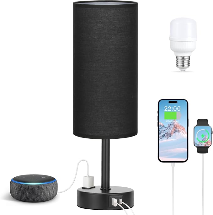 Fenmzee Black Bedroom Lamp for Nightstand - 3 Way Dimmable Bedside Lamp USB C A Charging Ports and AC Outlet, Small Table Lamp Black Base for Living Room, Office Desk, LED Bulb Included