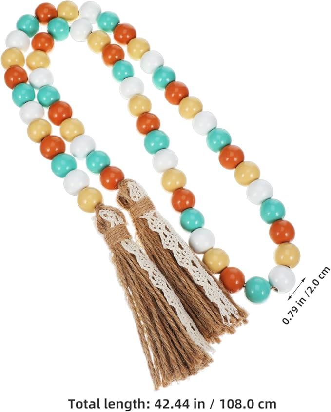 Wood Beads Garland with Tassels, 42.4in Farmhouse Rustic Style Colorful Wood Beads String, Large Antique Wooden Prayer, Boho Home Festival Decor Garland Rosary Rope