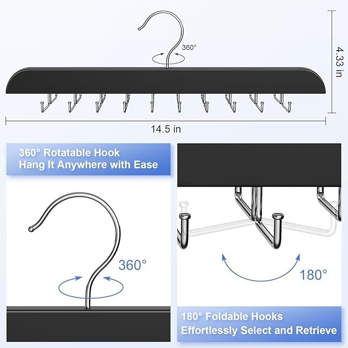 Upgraded Tie Rack Hanger with 20 Foldable Metal Hooks, Space Saving Necktie Organizer for Men – Large Capacity Tie and Belt Wooden Hanger for Closet - Black 2 Pack