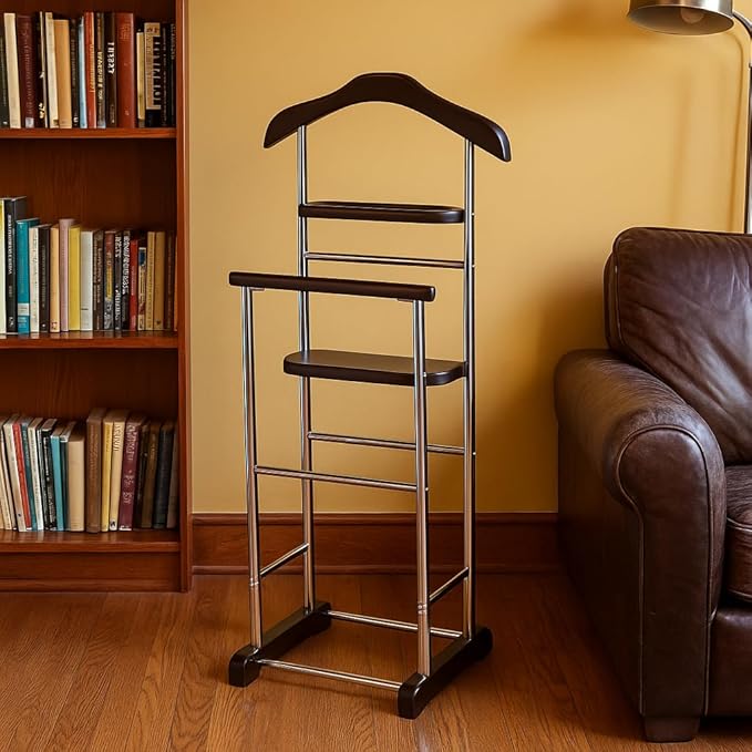 Proman Products Twin Valet with Wooden Hanger Tray & Trouser Bar, Walnut