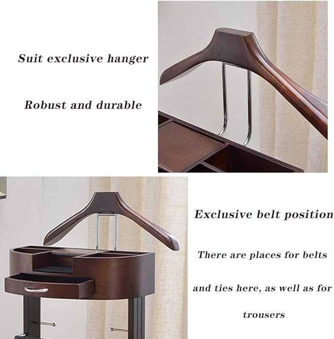 Valet Stand for men, Wood Suit Rack, Freestanding clothing valet stand, valet stand for women with Drawer, Top Tray, Contour Hanger, Trouser Bar, Tie & Belt Hooks and Shoe Rack organizer