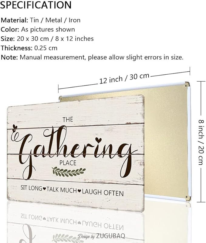 Funny Kitchen Signs Decor-Personalized Kitchen Metal Sign-Kitchen Counter Accessories-12x8 Inch Hanging Plaque Home Farmhouse Wall Decorations-The Gathering Place Sit Long Talk Much Laugh Often