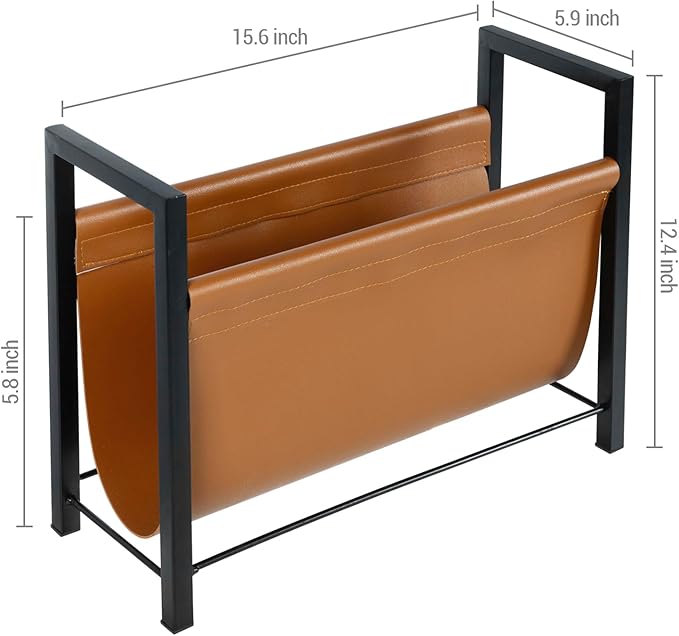 MyGift 15 Inch Modern Caramel Leatherette Magazine Holder with Rectangular Black Metal Frame, Floor Standing Faux Leather Book Storage Newspaper Rack, Home Bathroom Decor