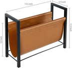 MyGift 15 Inch Modern Caramel Leatherette Magazine Holder with Rectangular Black Metal Frame, Floor Standing Faux Leather Book Storage Newspaper Rack, Home Bathroom Decor