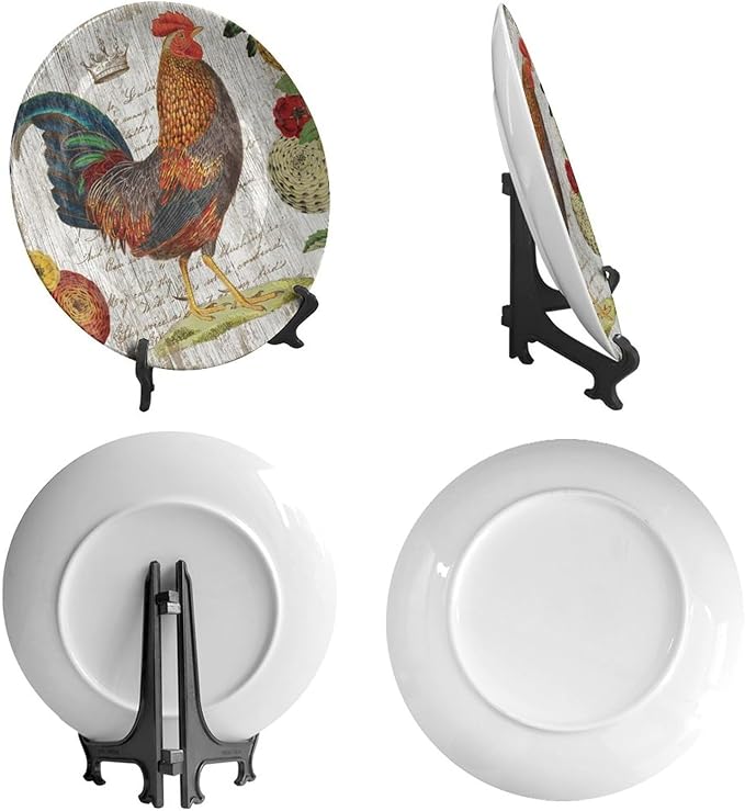 Rooster Decorative Plate Holder, 6 Inch, Crown Chicken In Flowers Round Display Plate, Home Wobble-Plate with Display Stand, for Kitchen Living Room Office Countertop Decor