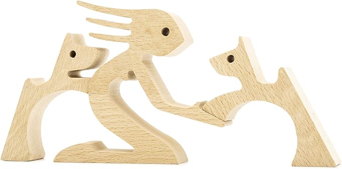 ISHINE Wood Decor Wooden Statue Man and Dog Figurine Handmade Carved Creative Home Office Gift for Men Women Accents Decoration Natural ECO Friendly 7x3 inches (Woman & Dogs Embrace)