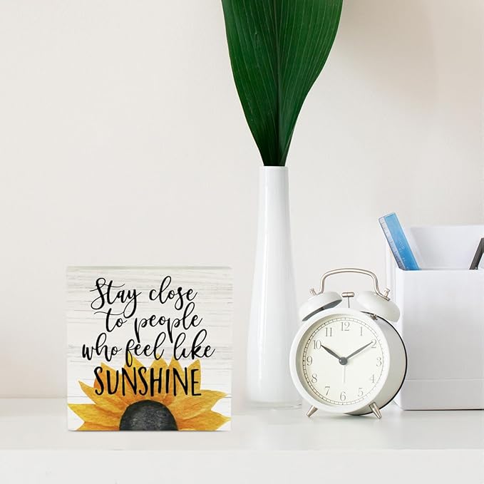 Farmhouse Sunshine Sunflower Wooden Box Sign Rustic Country Sunflower Box Sign Wood Sign Decor Summer Square Wood Sign Home Desk Tabletop Shelf Decor 5 x 5