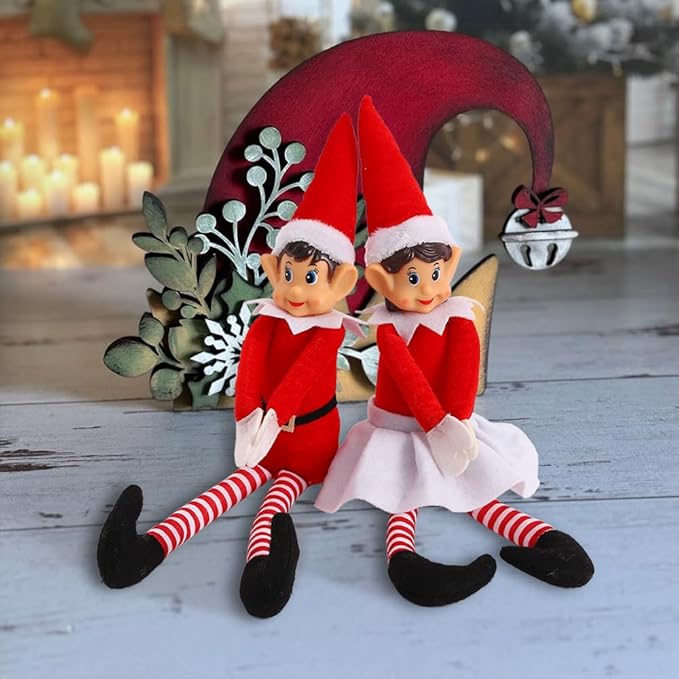 Set of 2 Christmas Elf Figures Kit, Red and White Naughty Boy and Girl with Long Legs and Soft Body for Christmas New Year Winter Holiday Birthday Decorations