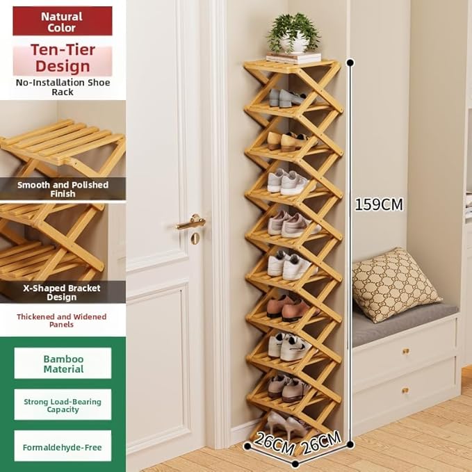 Bamboo Shoe Rack Organizer, 2-10 Tiers, Natural or Tea Color, No-Tool Assembly, Foldable Storage Shelf (Installation Free 10 Layers 30-Primary Colors)