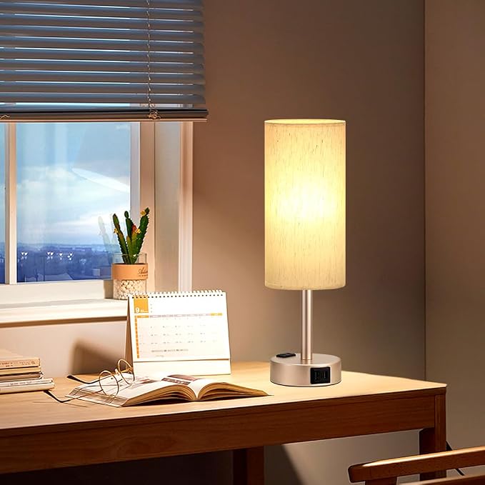 Fenmzee Bedside Table Lamp for Bedroom - 3 Way Dimmable Touch Lamp USB C Charging Ports and AC Outlet, Small Lamp Gold Base Round Flaxen Fabric Shade for Living Room, Desk, LED Bulb Included