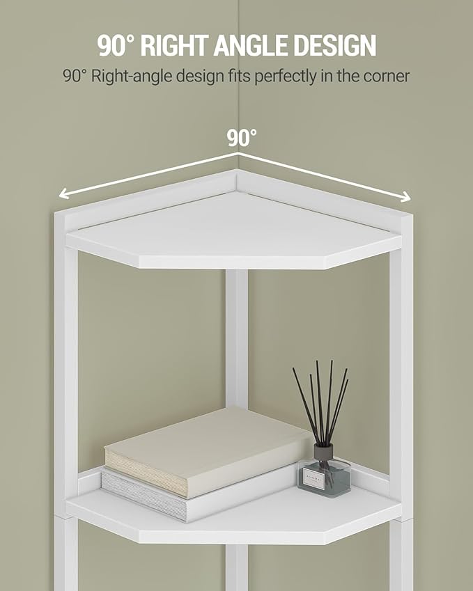 Hzuaneri Corner Shelf Stand, Corner Bookshelf, Storage Standing Shelf Unit with Metal Frame, Plant Stand, Bookcase for Living Room, Home Office, Bedroom, 4-Tier White CS05813W