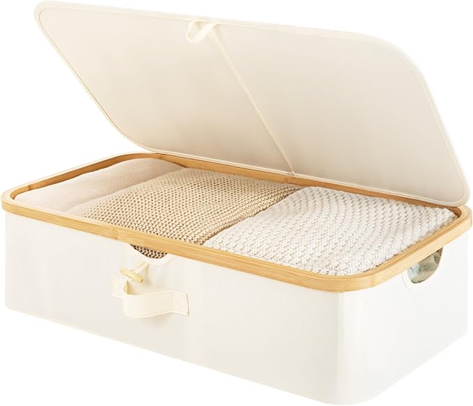 StorageWorks Underbed Storage Box with Bamboo Frame, 42L Flip-Top Under Bed Container for Blankets, Bed Sheets, Coverlets and Towels, Beige