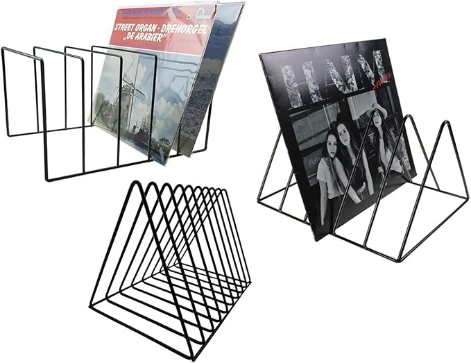 Vinyl Record Storage Holder Stand - Premium Triangle Metal Wire Magazine Rack and Book Holder holds up to 33 Lp Album Records, Functional and Contemporary Vinyl Record Rack Organizer (Black)