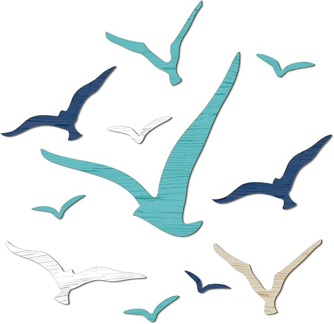 Wesiti 11 Pcs Wooden Seagull Wall Decor Nautical Theme Beach Coastal Art Small Seagull Sea Birds Wall Decor Ocean Adhesive Sculpture Vintage Ornaments for Home Bathroom(Brown Blue White)