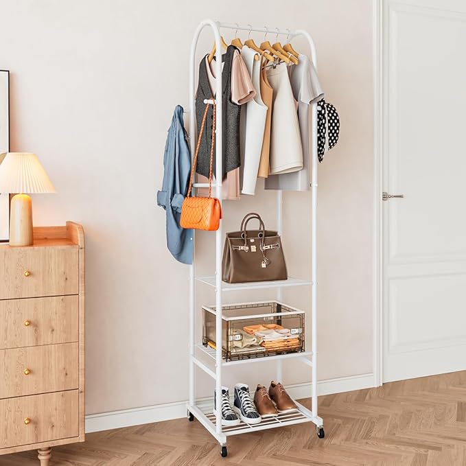 SUOERNUO Clothes Rack With Wheels and 3-Tier Metal Shelves,Clothing Rack For Hanging Clothes With 4 Hooks,Garment Rack Wardrobe Organizer for Small Space,Black (white, 16.54 * 18.23 * 72.05)