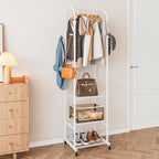 SUOERNUO Clothes Rack With Wheels and 3-Tier Metal Shelves,Clothing Rack For Hanging Clothes With 4 Hooks,Garment Rack Wardrobe Organizer for Small Space,Black (white, 16.54 * 18.23 * 72.05)