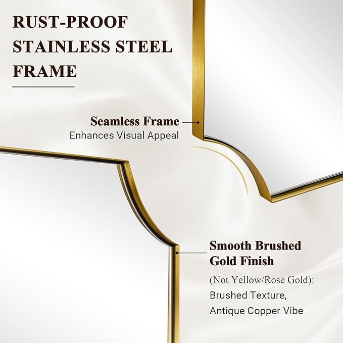 ANDY STAR Brushed Gold Bathroom Mirror, 22x30 Inch Scalloped Rectangle Mirror, Gold Bathroom Vanity Mirror, Antique Brass Mirror in Anti-Rust Stainless Steel Metal Frame for Bathroom, Entryway