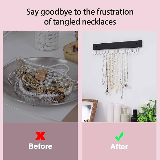 Wall Mounted Necklace Holder, Classic Style Necklace Holder, Tangle-Free Wall Jewelry Organizer with 28 Hooks(2 Packs,Black)