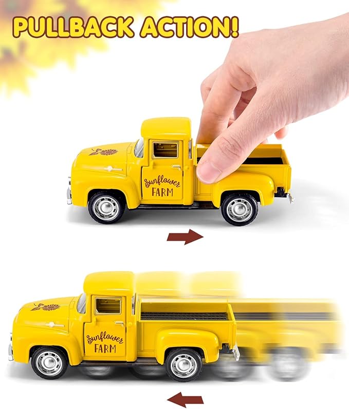 Huray Rayho Sunflower Metal Truck with Artificial Plastic Flower Yellow Vintage Farm Pickup Farmhouse Tabletop Tiered Tray Decor Home Kitchen Mantel Shelf Spring Mini Diecast Truck Decorations