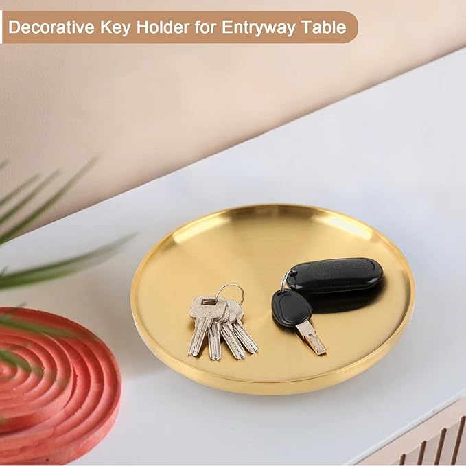 Round Key Dish for Entry Table Stainless Steel Display Tray Gold Candle Plate Jewelry Display Holder for Vanity Kitchen Coffee Counter, 7.5" x 7.5" x 1.2"