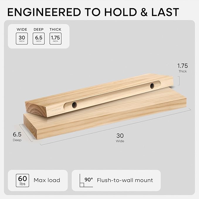 Homeforia 30 inch Natural Floating Shelf, High End Solid Real Wood 30inch Small Floating Shelves for Wall Mounted, Natural Wooden Floating Shelves, Heavy Duty Bracket, 30 X 6.5 X 1.75 in, Set of 3