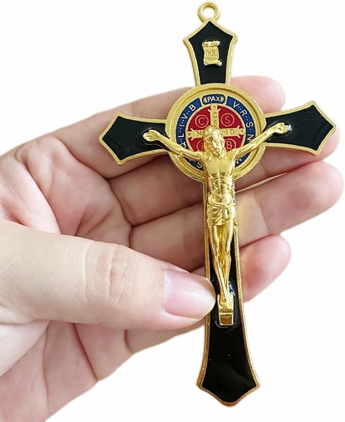 Bovemee Saint Benedict Benedictine Red Enamel 4.7X2.7 Inch Protection Wall Crucifix Cross Catholic San Benito Medalla Prayer Decoration (Black)